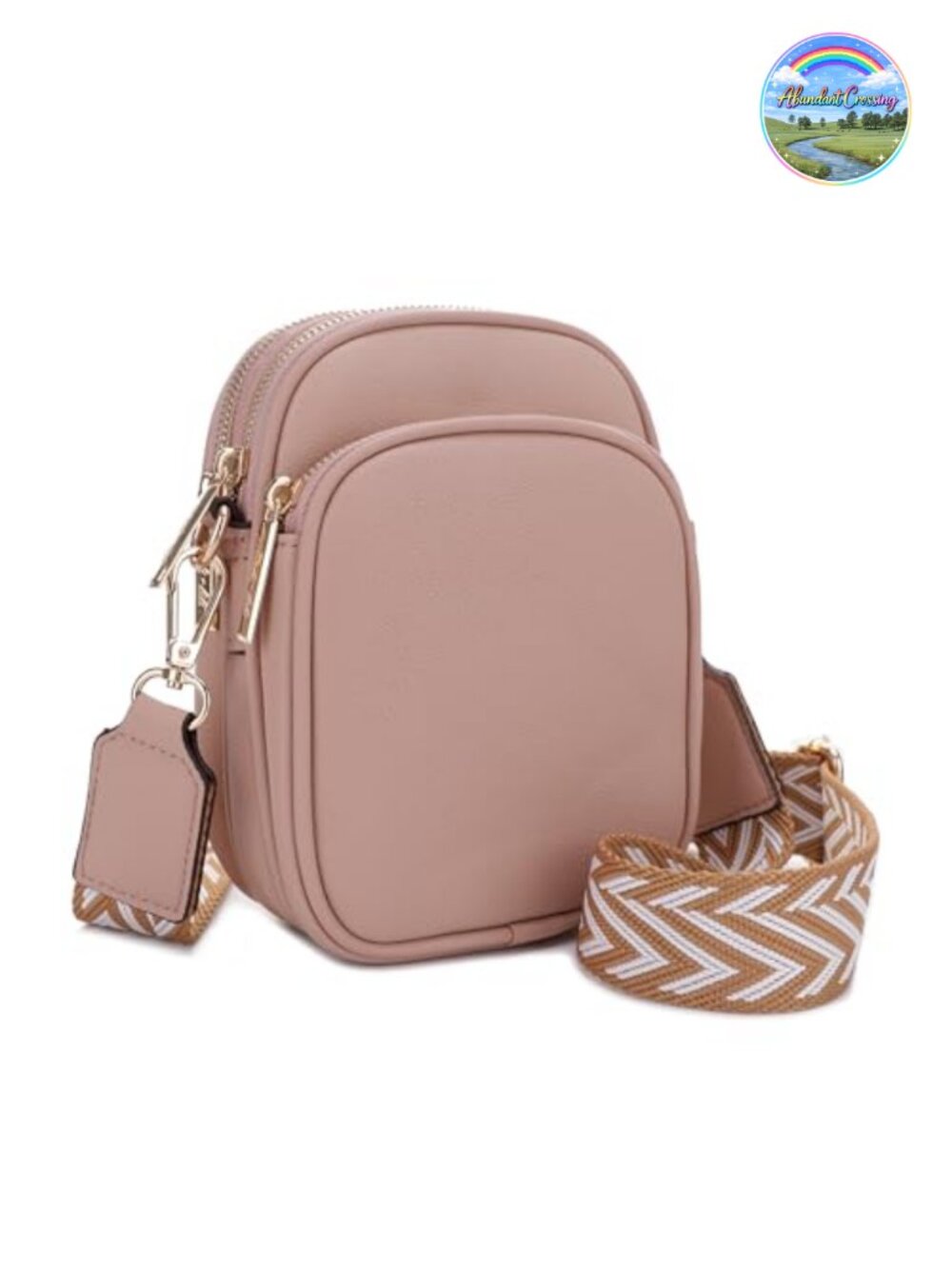 Small Triple Zip Crossbody Bag Vegan PU Leather Adjustable Strap Travel